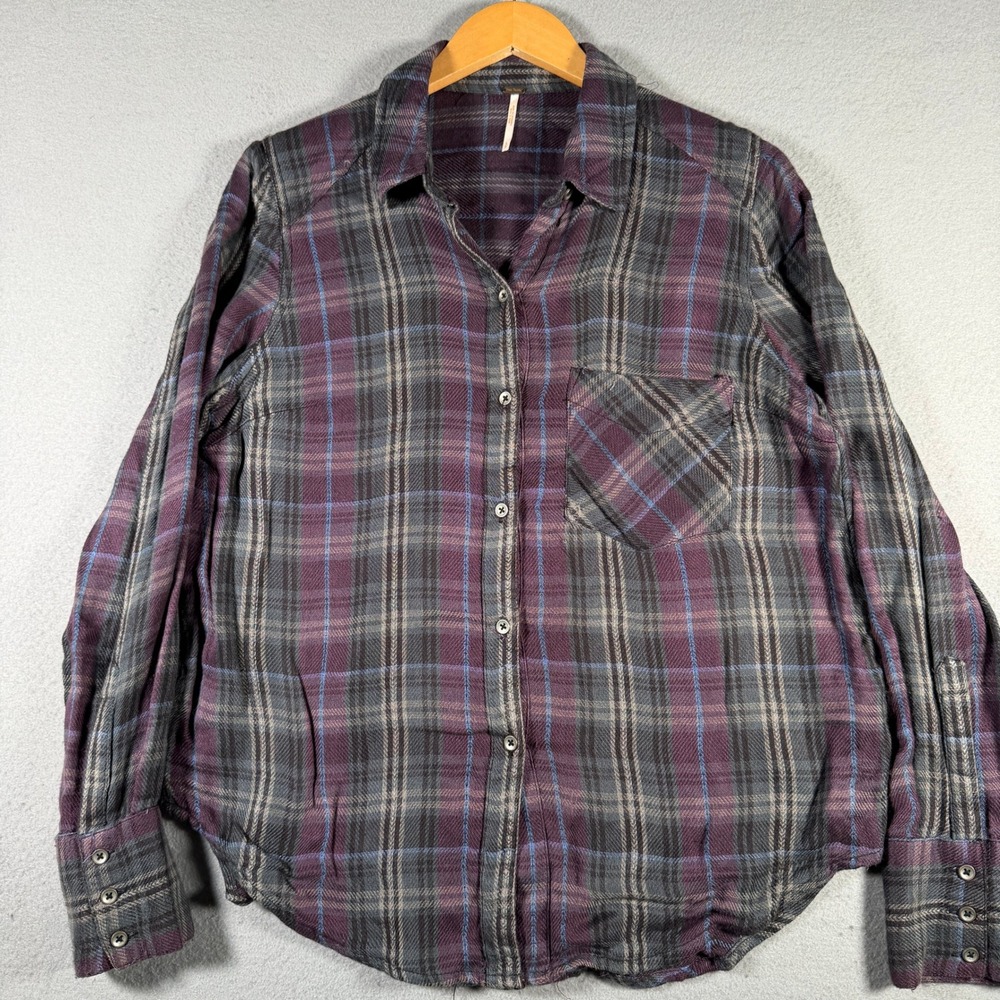 Free People Womens Purple Grey Plaid Rayon Button Down Shirt Size S Long Sleeve